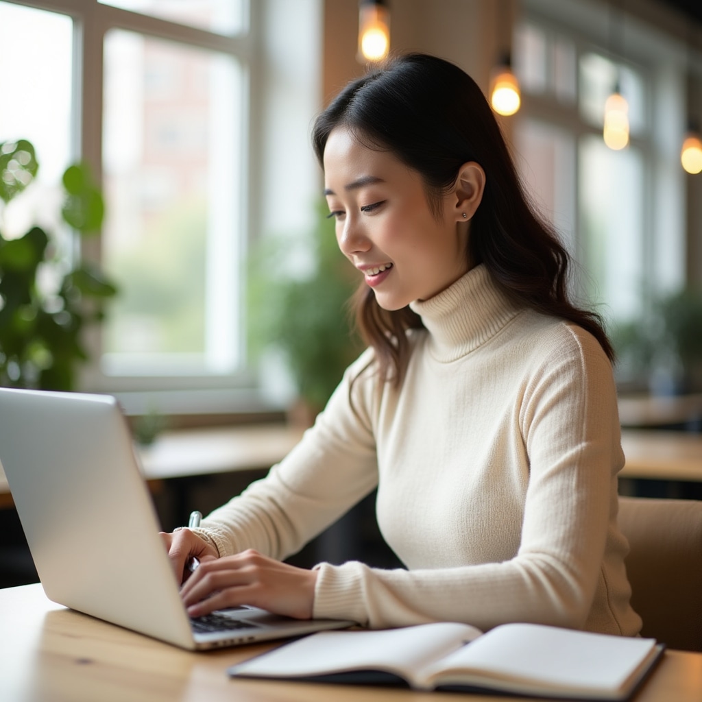 Young adult studying financial concepts on laptop in a bright coworking space