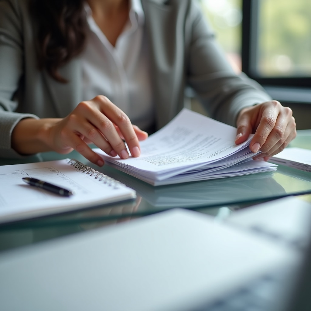 Close-up of hands sorting through financial documents with concentrated expression