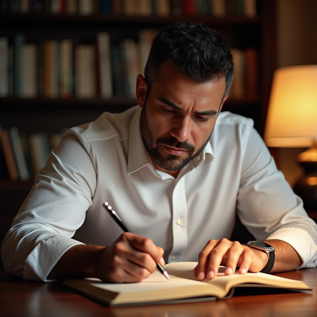 Person writing in financial journal with focused expression and calm lighting