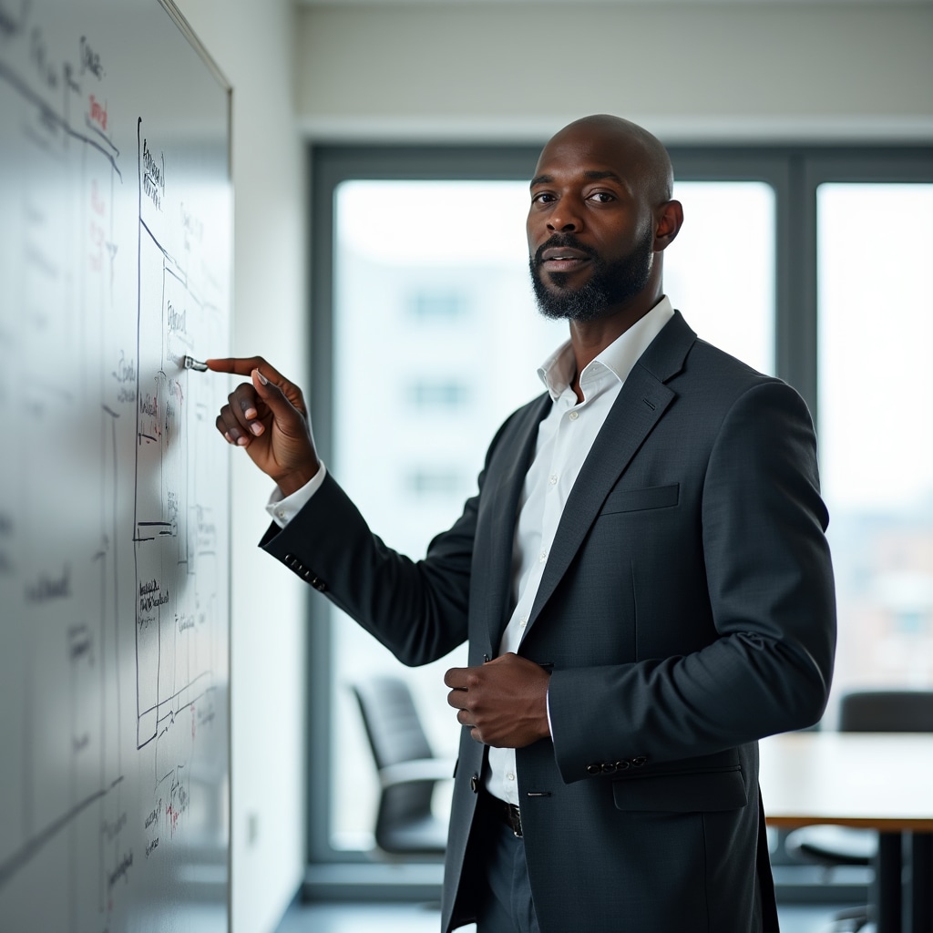 Educator mapping behavioral finance frameworks on a whiteboard in a bright office