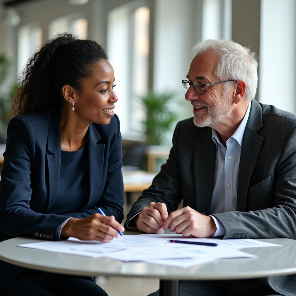 Two educators in discussion reviewing behavioral finance materials in a modern office